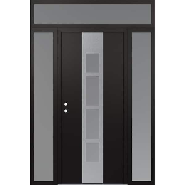 A10 68 in. x 96 in. Silver P Right-Hand/Inswing Frosted Glass Black/White 2 Sidelite+Transom Steel Prehung Front Door