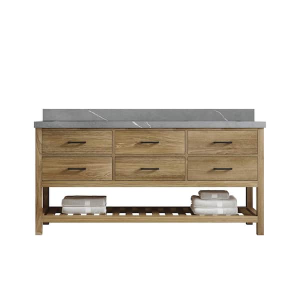 Willow Collections Parker Teak 72 in. W x 22 in. D x 36 in. H Double Sink Bath Vanity in Premium Polish with Piatra Gray Quartz Top
