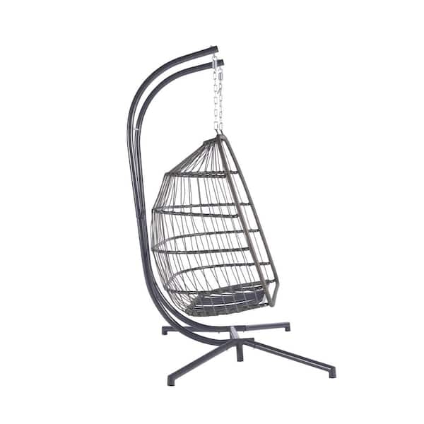 Tenleaf 2-Person Wicker Patio Swing Chair Hanging Egg Swing Chair with Light Gray Cushions