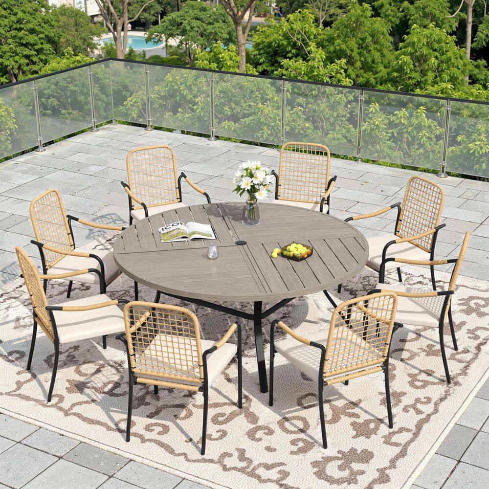 9-Piece Metal Patio Dining Set with 53.1 in. Gray Wood-Like Round Table and 8-Wicker Dining Chairs with Beige Cushions price history on PriceWatchPro