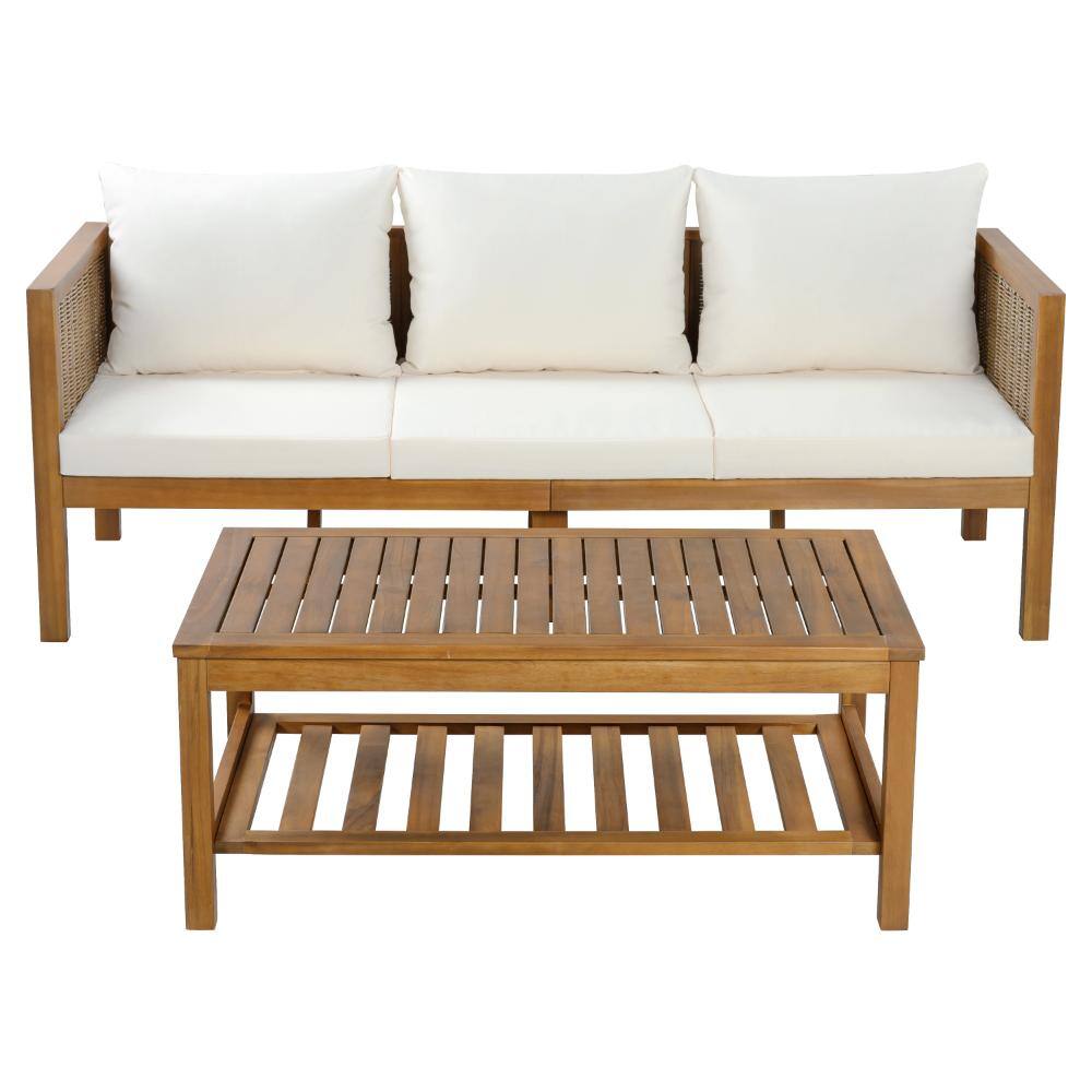 2 Pieces Acacia Wood Outdoor Patio Conversation Sofa Set with Beige Cushions and a Coffee Table Backyard, Balcony,Pool