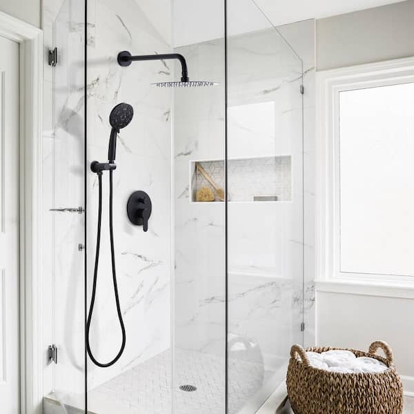 1-Spray Patterns 1.8 GPM 10 in. Wall Mount Rain Fixed Shower Heads with 4.5 in. Hand Showerhead in Matte Black