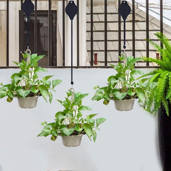 Black Retractable Plant Pulley Hanger, Adjustable Height Heavy Duty Indoor Outdoor Hanging Hook with Auto Lock (4-Pack)