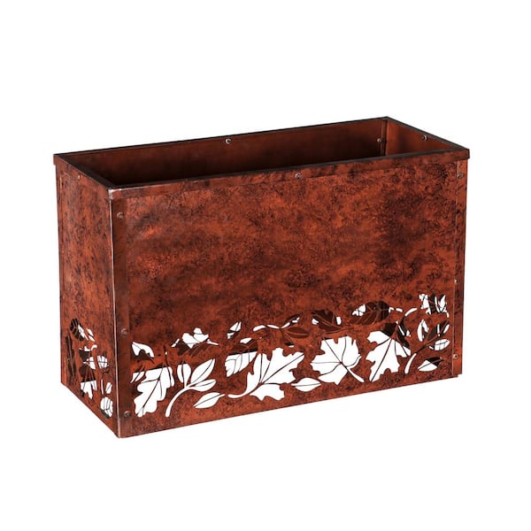 Evergreen Fall Leaves Rust Finished Outdoor Metal Planter with Laser Cut Artwork