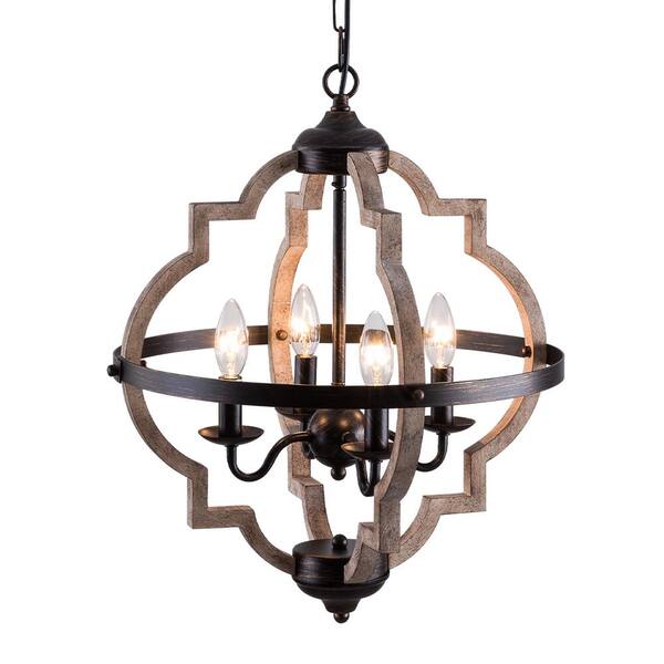 Simpol Home 4Light Farmhouse Wood Chandelier, Rustic Ceiling Light