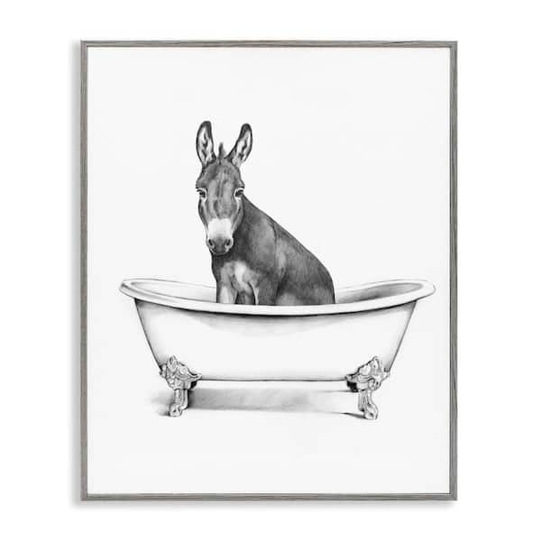 Antique Tub with Donkey by Victoria Borges Gray Framed Animal Giclee Art Print 14 in. x 11 in.