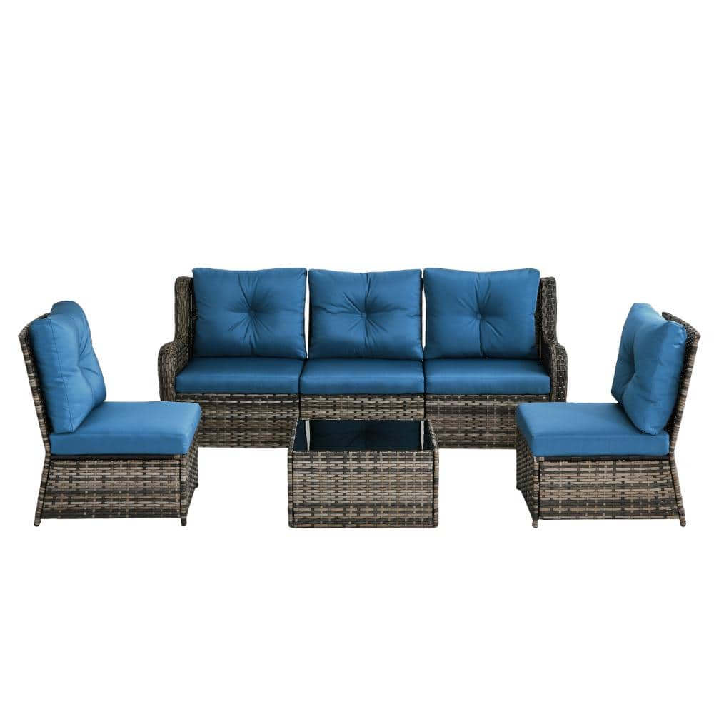 6-Piece Gray Wicker Patio Conversation Set Outdoor Sofa Set with Navy Cushions price history on PriceWatchPro