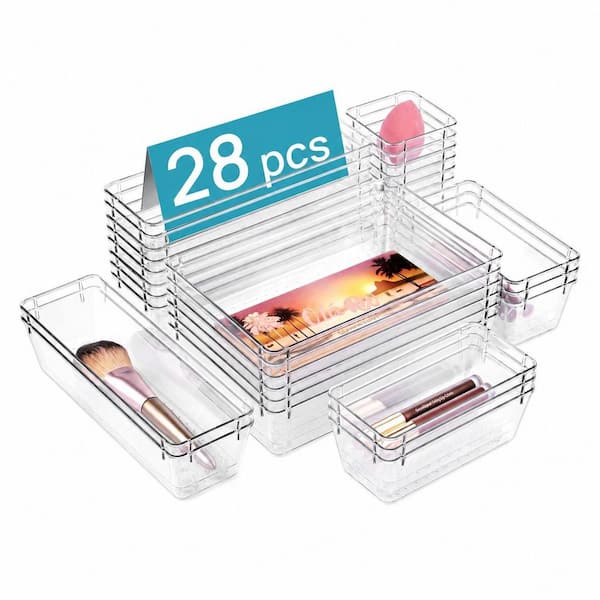 Clear 28-Piece Plastic Stackable Drawer Organizer Trays Set with Non-Slip Pads for Vanity and Bathroom Storage