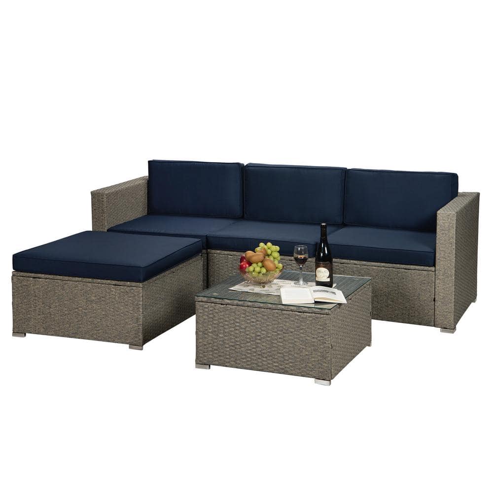 Gray Mix Yellow Outdoor 5-Piece PE Rattan Wicker Outdoor Sectional Sofa Patio Conversation Set with Navy Cushion -  Afoxsos, DJMX496-GY