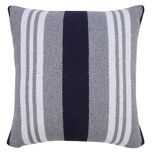 Classic Navy Blue / Gray / White 20 in. x 20 in. Coastal Club Double Striped Indoor Throw Pillow