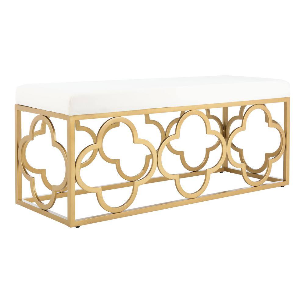 Elegant Gold and White Quatrefoil Storage Bench