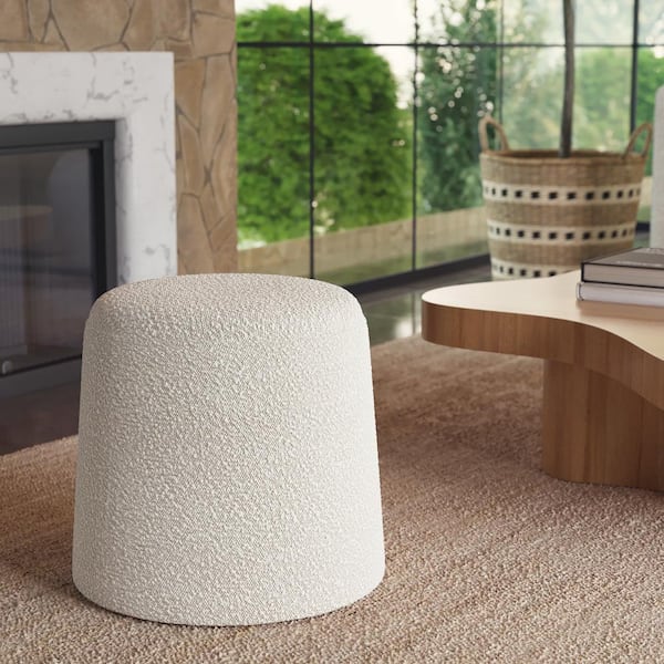 Basel Crema White Boucle Fabric Round Stool 16.5 in. Ottoman