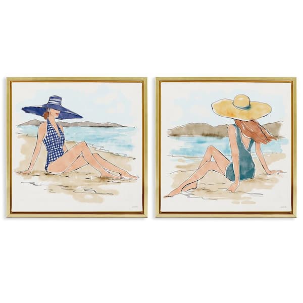 Stupell Industries Bathing Beauties on Beach by Anne Tavoletti 2 Pieces Gold Floater Frame People Graphic Art Print 18 in. x 18 in.