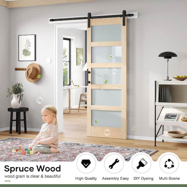 32 in. x 84 in. 5 Lite Frosted Glass Spruce Finished Sliding Sliding Barn Door with Hardware Kit