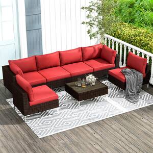7-Piece Rattan Wicker Outdoor Patio Furniture Set Sectional Sofa Set with Red Cushions and Pillows