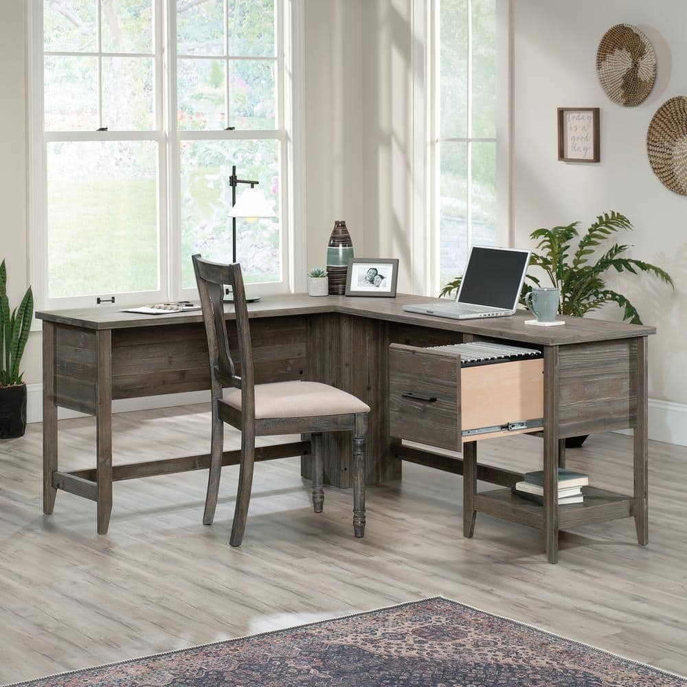 Pebble Pine L-Shaped Computer Desk with Drawer and Filing Cabinet