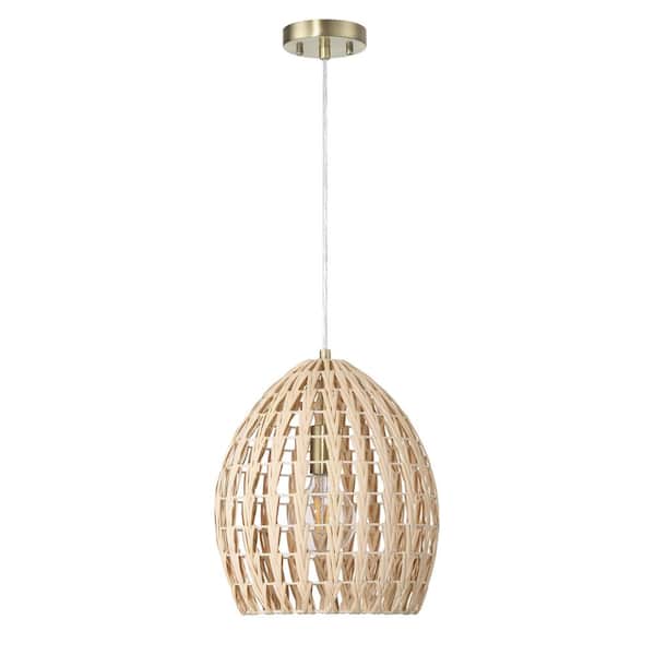 Robert Stevenson Lighting Persephone 1-Light Natural Finish Metal Pendant Light with Handwoven Rattan Shade, No Bulbs Included