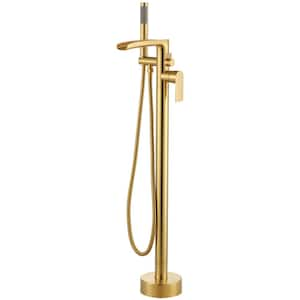 1-Handle Waterfall Freestanding Floor Mount Tub Faucet Bathtub Filler with Hand Shower in Brushed Gold