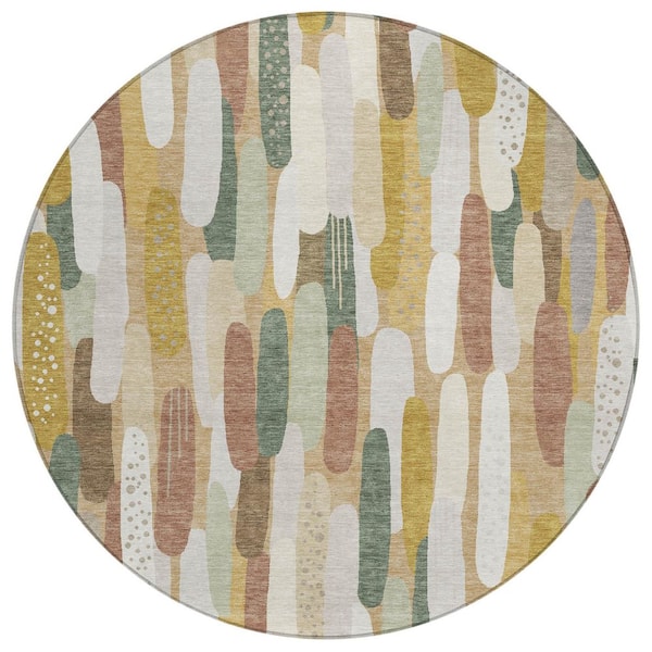 Chantille Machine Washable Indoor/Outdoor Abstract ACN3111 Saffron 8 ft. x 8 ft. Round Rug