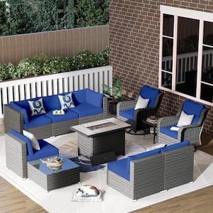 Iris Gray 11-Piece Wicker Outerdoor Patio Rectangular Fire Pit Set with Navy Blue Cushions and Swivel Rocking Chairs
