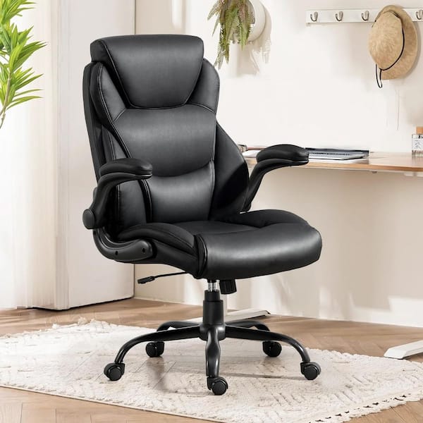 Big and Tall 48.8 in. Height 400 lbs. Leather Swivel Executive Chair in Black with Padded Flip-up Arms