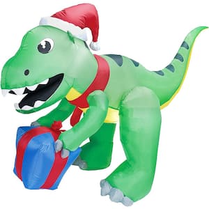 5 ft. Tall x 3 ft. W, Green, Red and Blue Plastic Christmas Dinosaur with Hat Inflatable