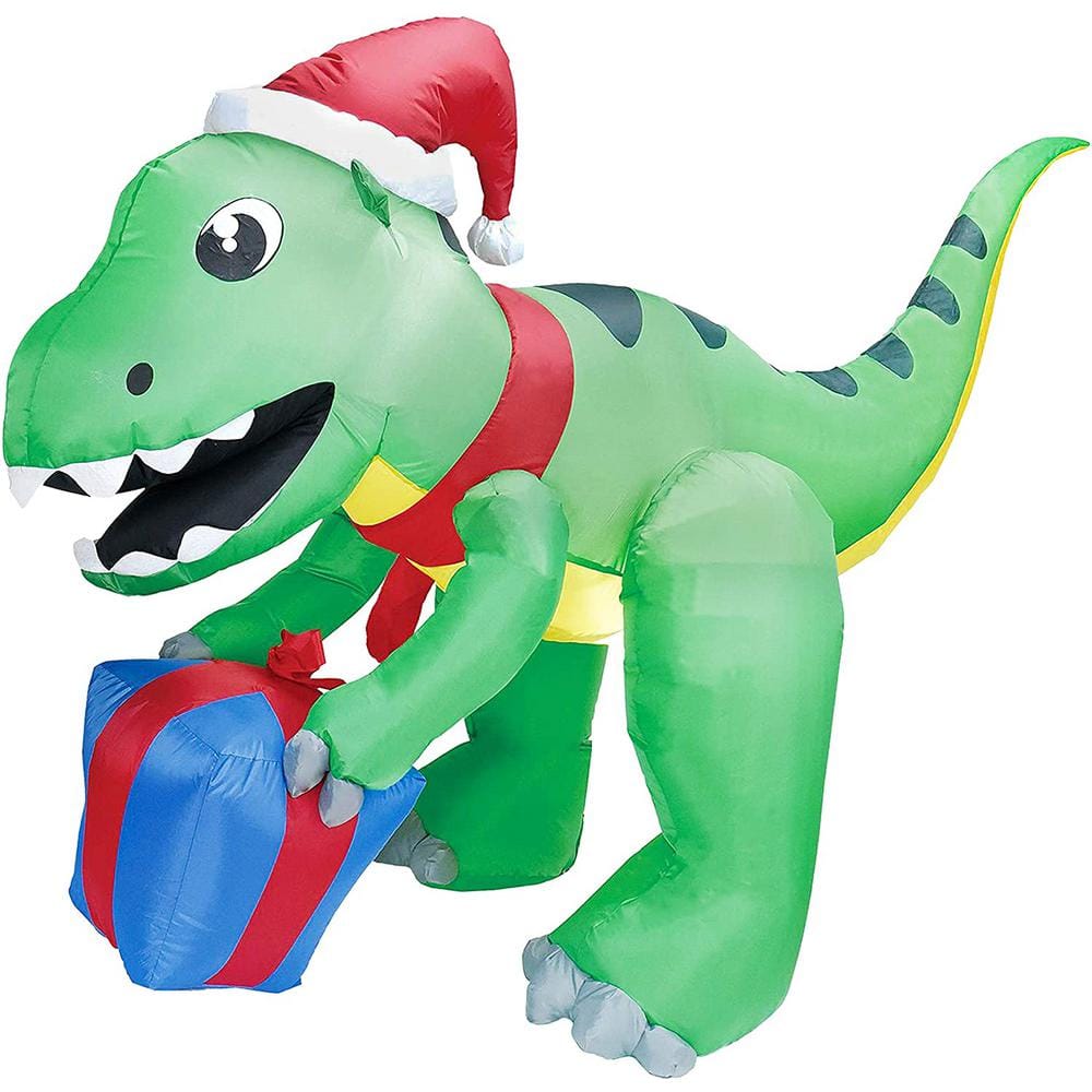 5 ft. Tall x 3 ft. W, Green, Red and Blue Plastic Christmas Dinosaur with Hat Inflatable -  SYNCFUN, 30057