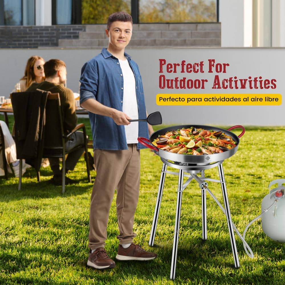 21-Inch Non-Stick Stainless Steel Paella Pan Set with Burner and Stand