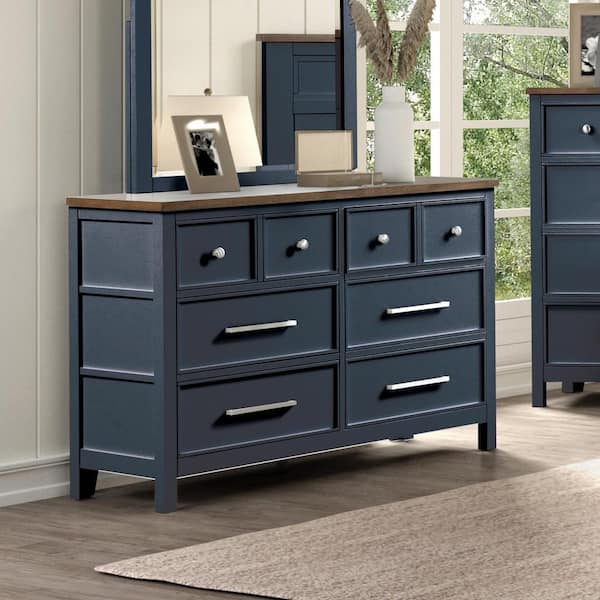 Furniture of America Beiring Blue and Dark Brown 6-Drawer 54 in. Dresser with Nickel Finish Mushroom Knob