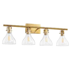 32 in. 4-Light Brushed Gold Vanity Light with Clear Glass Shade Modern Bathroom Light Fixtures