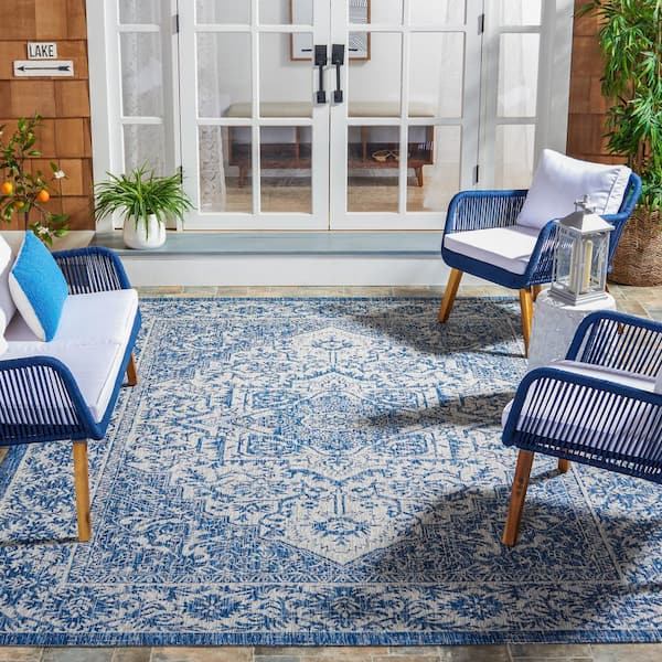 Courtyard Navy/Light Gray 7 ft. x 7 ft. Border Medallion Floral Indoor/Outdoor Square Area Rug