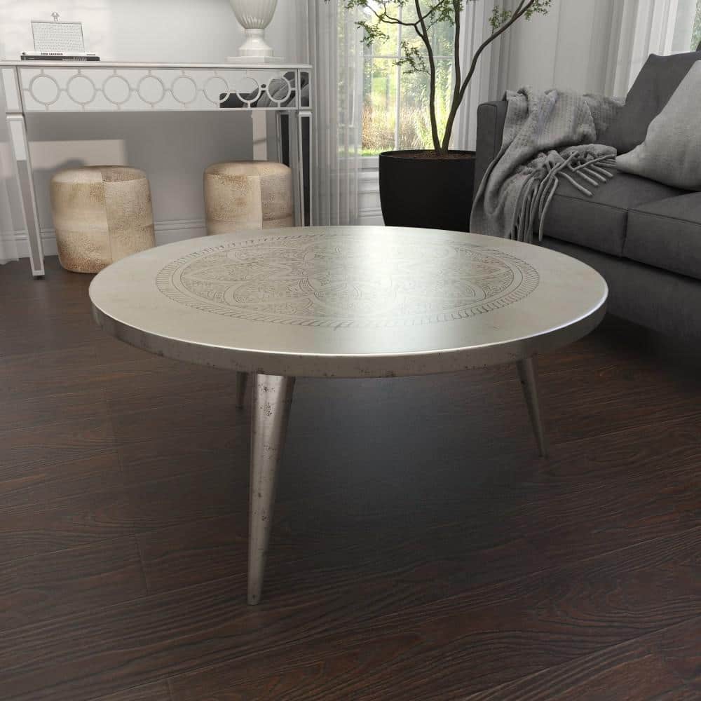 Silver Round Aluminum Traditional Coffee Table, 38"