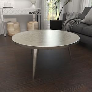 35 in. Silver Medium Round Aluminum Floral Coffee Table with Etched Design