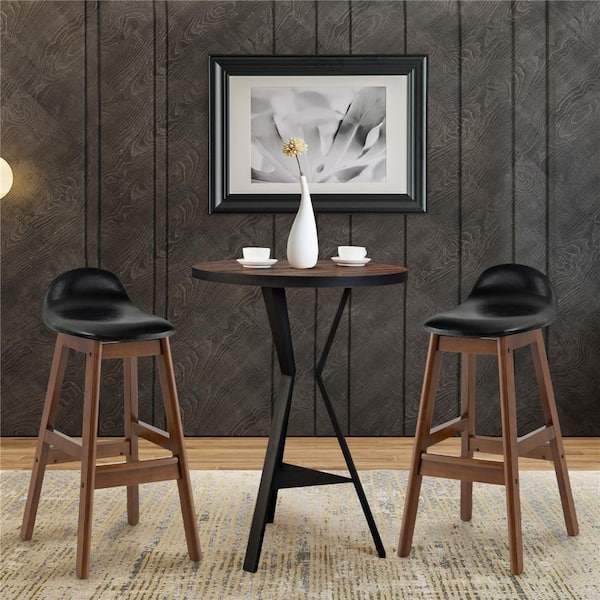 27.5 in. Black and Brown Upholstered PU Leather Barstools Wooden Dining Chairs (Set of 2)