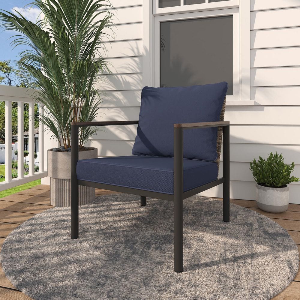 Modern Wicker Outdoor Patio Lounge Chair with Comfortable Blue Cushions price history on PriceWatchPro