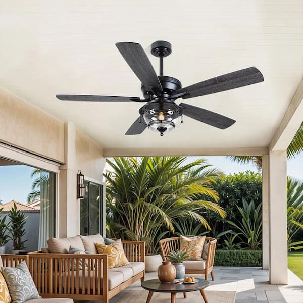 52 in. Indoor/Outdoor Black Downrod Standard Ceiling Fan with Light and Remote Included