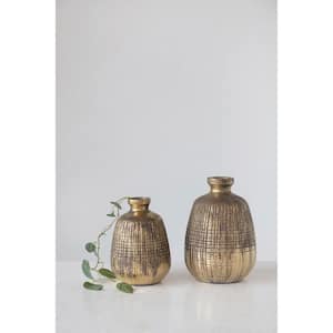 Textured Terra-cotta Vase with Lines, Gold Finish