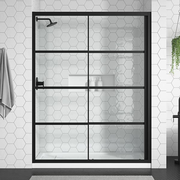 Home Decorators Collection Flora 60 in. W x 76 in. H Sliding Framed Shower Door in Matte Black Grid Finish with Silk Screen Glass