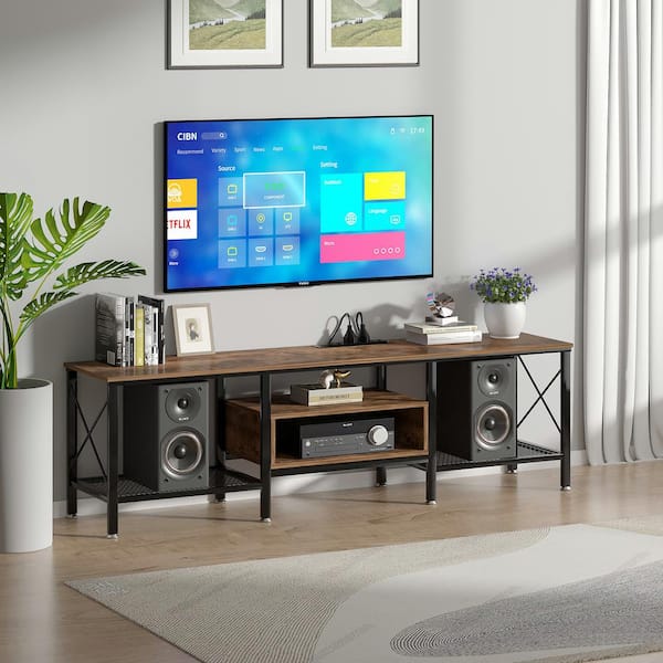 VECELO TV Stand with Power Outlets, Brown TV Console for 70 in. Industria Media Entertainment Center with Charging Station
