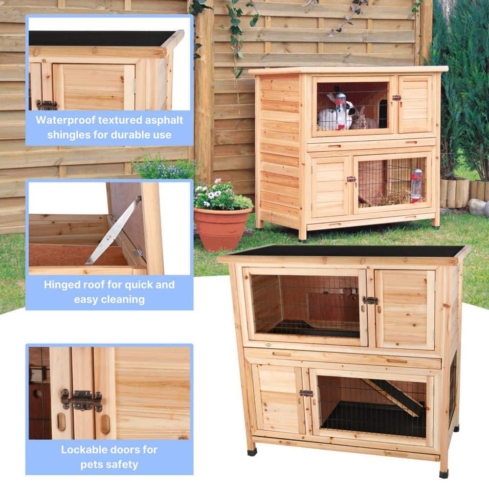 Natural Wooden 2-Story Guinea Pig and Rabbit Hutch with Ramp