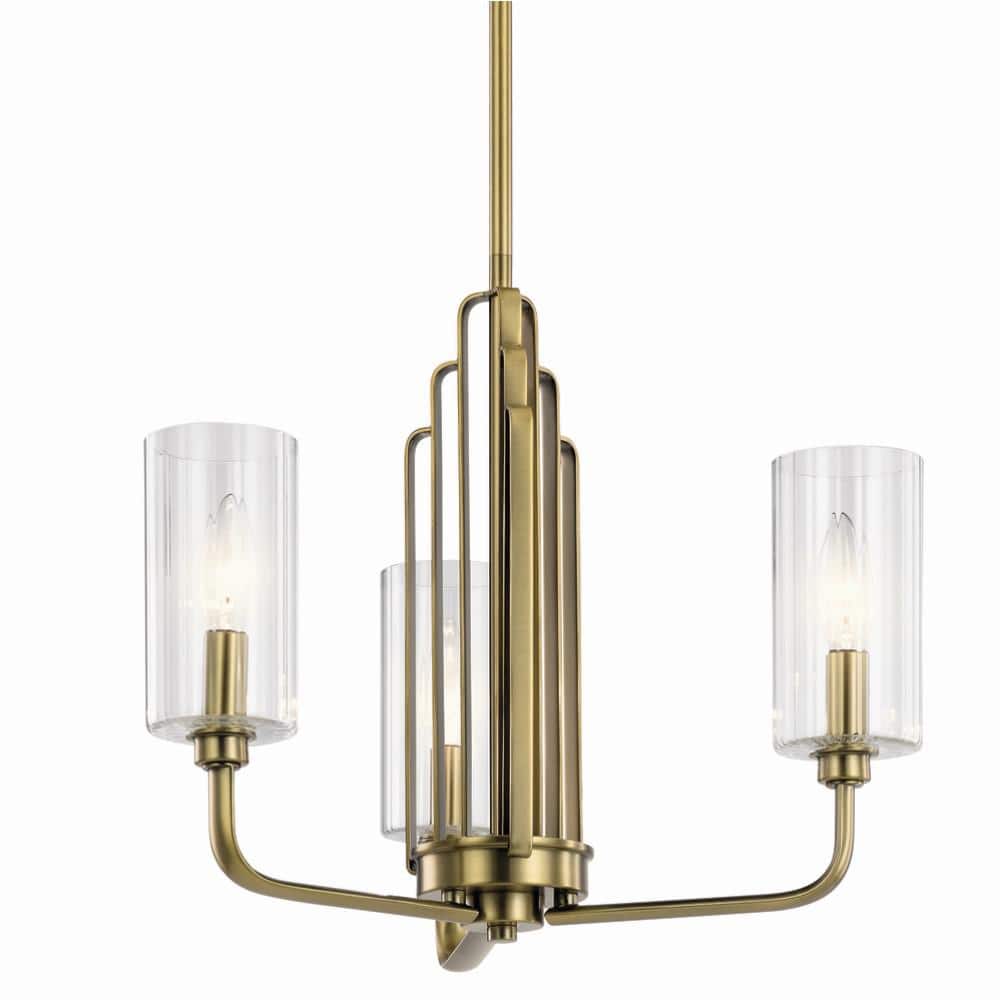Art Deco Brushed Brass 3-Light Chandelier with Clear Fluted Shades
