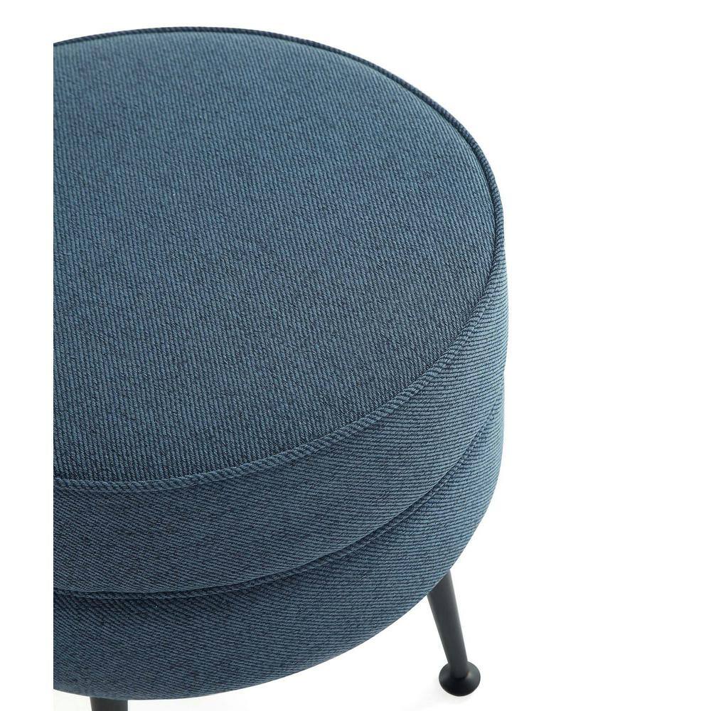 Bailey Blue Round Upholstered Ottoman with Black Stainless Steel Legs