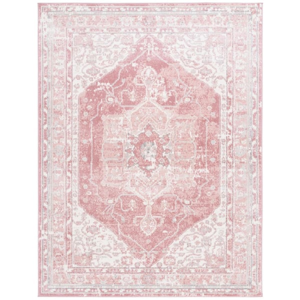 Layla 9 ft. x 12 ft. Ivory Gray/Pink Border Ornate Area Rug