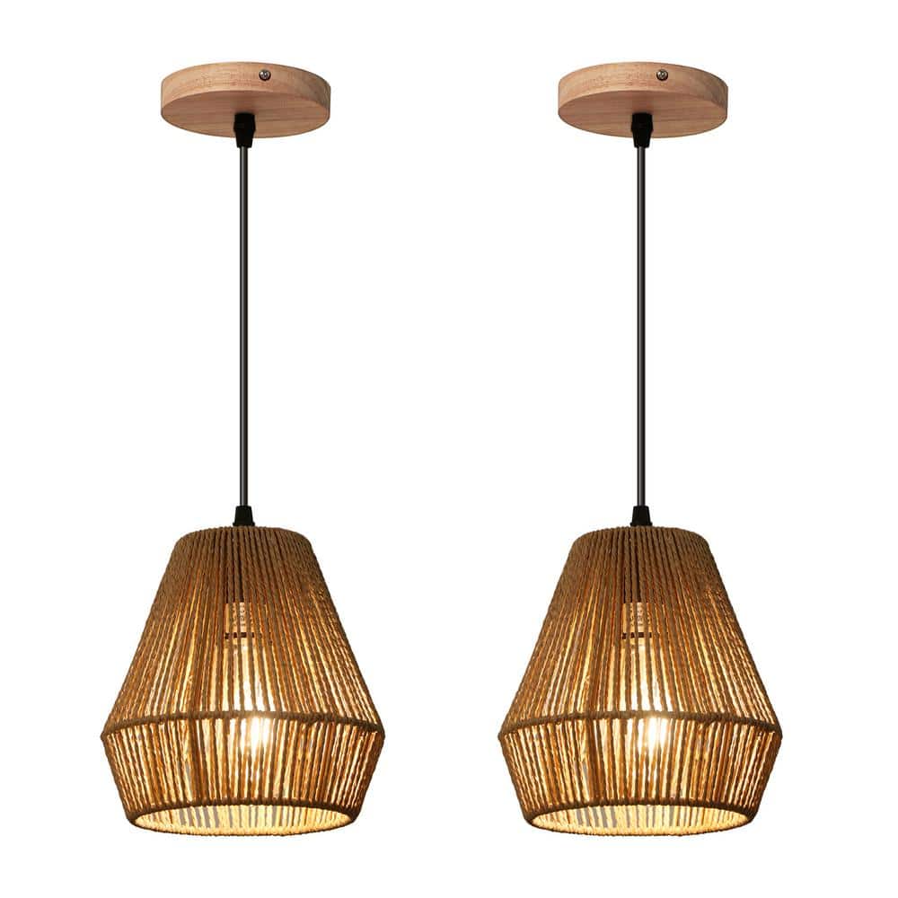 1-Light 2-Pack Boho Wood Canopy Rattan Pendant Light (Set of 2) with Brown 