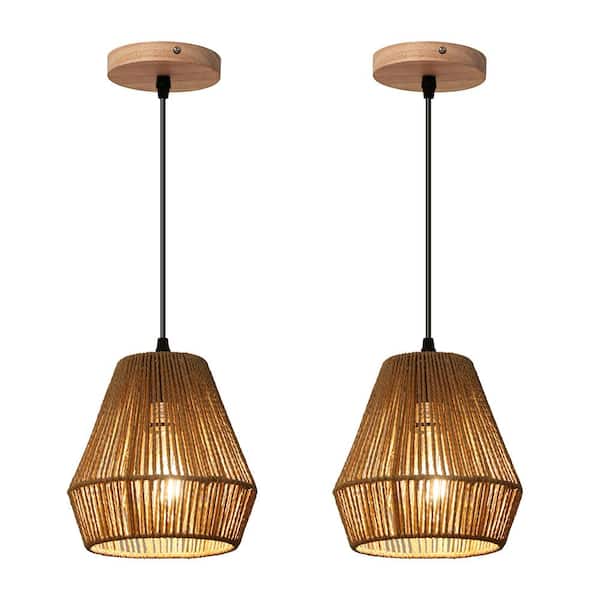 Unbranded 1-Light 2-Pack Boho Wood Canopy Rattan Pendant Light (Set of 2) with Brown Shade for Dining Room Kitchen Island Foyer