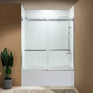 60 in. W x 62 in. H Double Sliding Frameless Tub Door in Chrome with 5/16 in. (8 mm) Shatter Retention Clear Glass