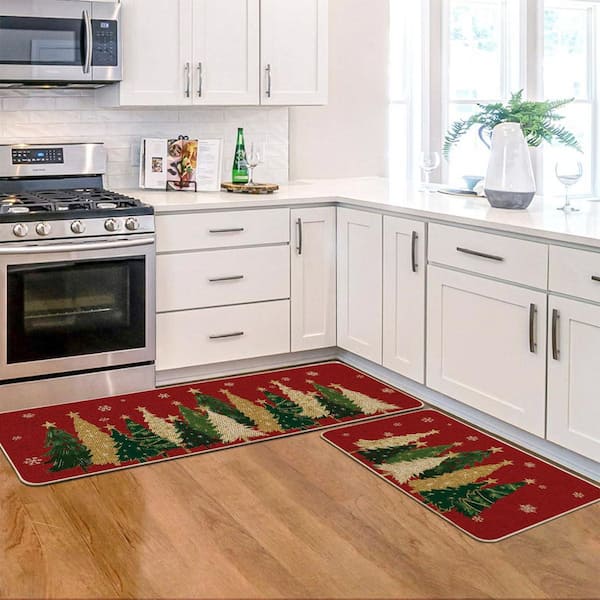 2 Pieces Low-Profile Kitchen Rugs Indoor Christmas Home Decor Kitchen Mat Set, 17 in. x 29 in. + 17 in. x 47 in. Red