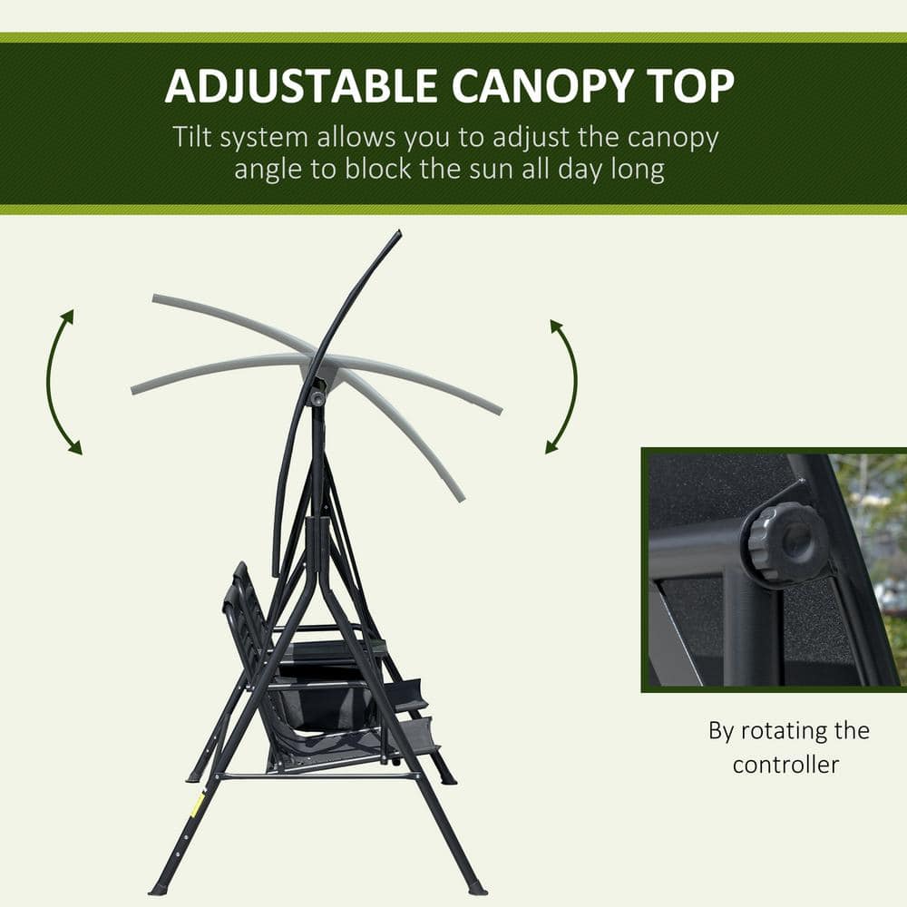 Deluxe Black Covered Porch Swing with Adjustable Canopy and Storage