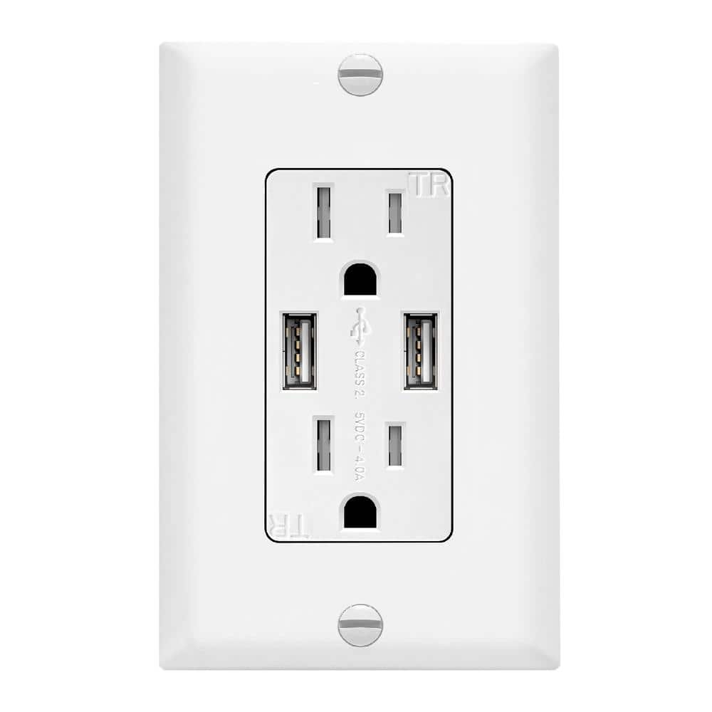 TOPGREENER 4.0 Amp USB Wall Duplex Outlet Charger with Wall Plate in White (3-Pack) -  TU2154A-WWP3P