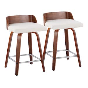 Maya 24 in. Cream Fabric, Walnut Wood and Chrome Metal Fixed-Height Counter Stool (Set of 2)